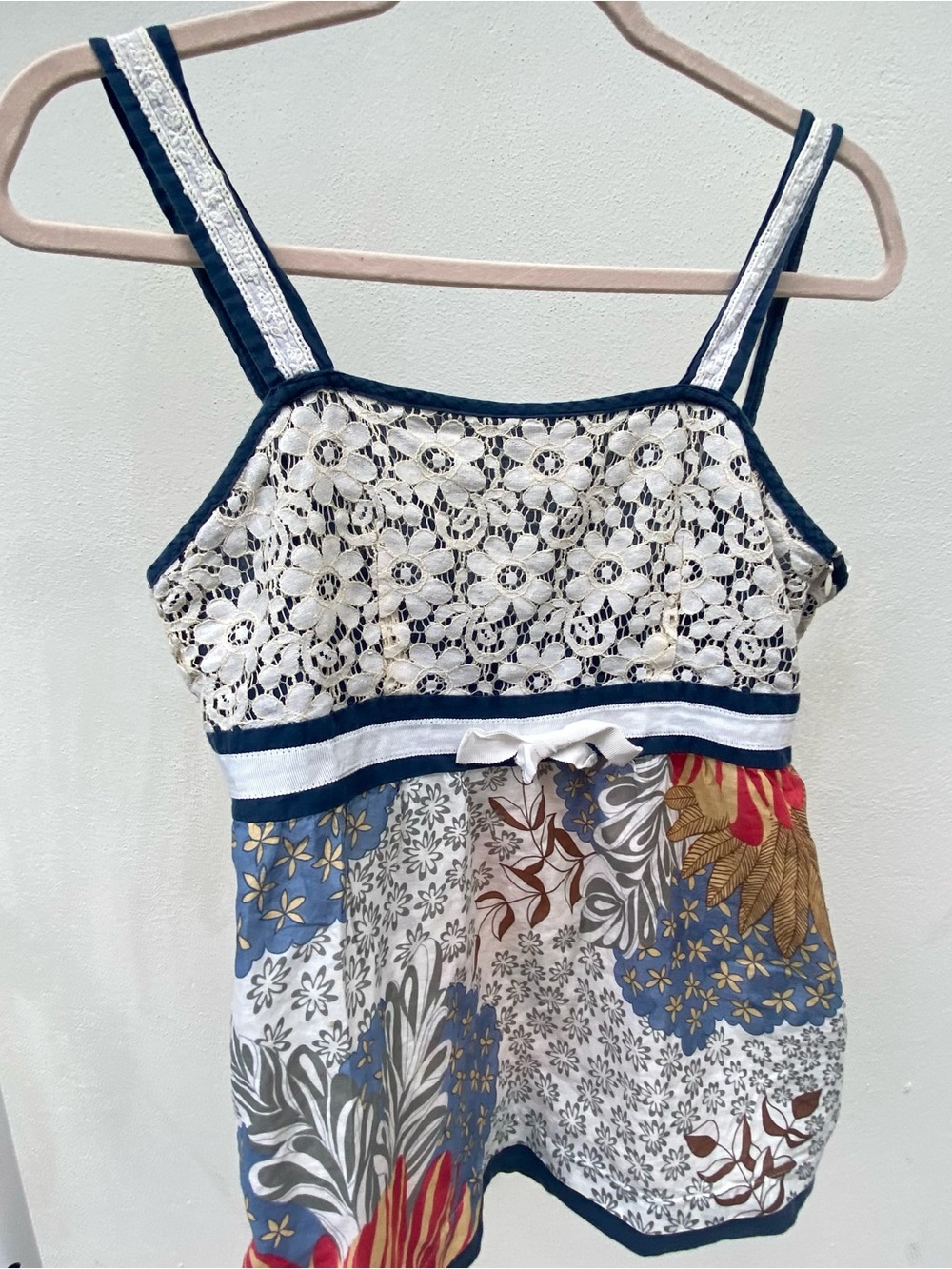 Y2K Rampage Blue Multicolor Floral Crochet Babydoll Top Size Medium